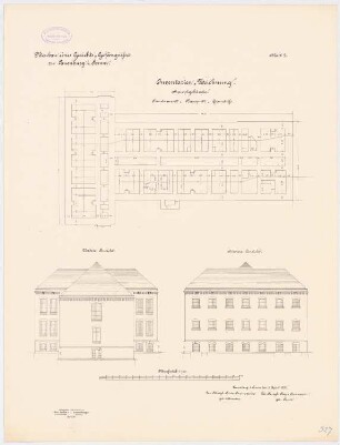 Gerichtsgefängnis, Lauenburg: Grundriss Fundamente, Aufriss Vorderansicht, Rückansicht 1:100