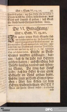 Die VI. Betrachtung/ über I. Sam. VI, 19. 20.