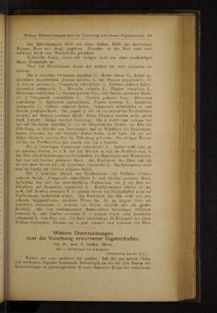 Weitere Untersuchungen über die Vererbung erworbener Eigenschaften.
