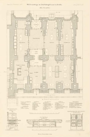 Küchenanlage des Reichstags, Berlin: Grundriss, Details (aus: Atlas zur Zeitschrift für Bauwesen, hrsg. v. Ministerium der öffentlichen Arbeiten, Jg. 47, 1897)