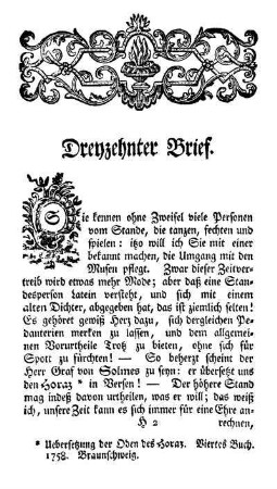 Dreyzehnter Brief [I. Uebersetzung der Oden des Horaz. Viertes Buch]
