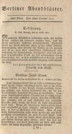 19tes Blatt. Den 22ten October 1810.