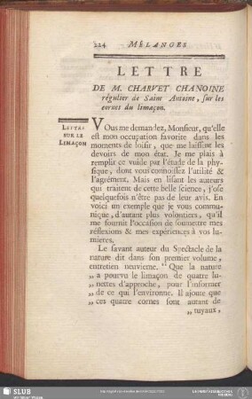Lettre De M. Charvet Chanoine régulier de Saint Antoine, sur les cornes du limaçon
