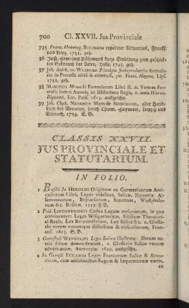 700-723, Classis XXVII: Jus Provinciale et Statutarium - Classis XXVIII: Jus Ecclesiasticum et Canonicum