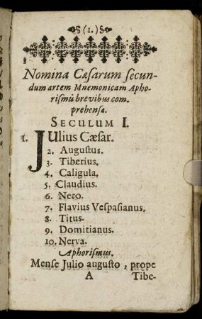 Nomina Cæsarum secundum artem Mnemonicam Aphorismis brevibus comprehensa.
