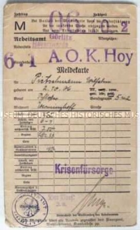 Meldekarte des Arbeitsamtes ("Stempelkarte")