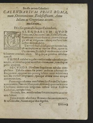 Divisio generalis huius Calendarii.