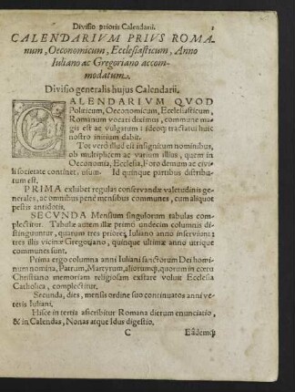 Divisio generalis huius Calendarii.
