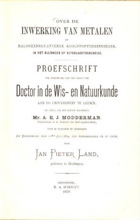 Over de inwerking van metalen op halogeenbevattende koolstofverbindungen, in het bijzonder op glycolacetochloride : Inaug. Diss. v. Leiden