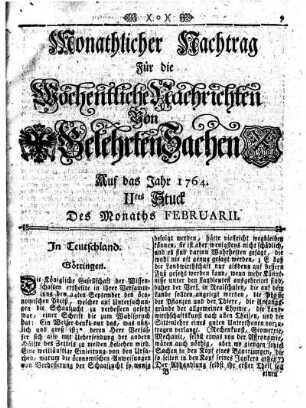 Monathlicher Nachtrag [...] Auf das Jahr 1764. IItes Stuck Des Monaths Februarii