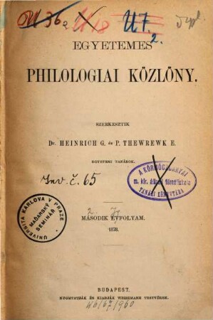 Egyetemes philologiai közlöny, 2. 1878