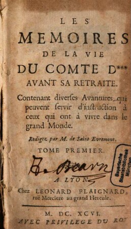 Les mémoires de la vie du comte D.... 1. (1696)