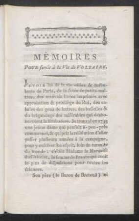 Mémoires Pour Servir à la Vie de Voltaire.