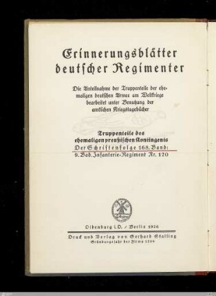 Das 9. badische Infanterie-Regiment Nr.170 im Weltkriege : nach amtlichen Unterlagen und Berichten der Mitkämpfer