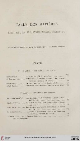 Table des matières: Juillet, août, septembre, octobre, novembre, décembre 1876
