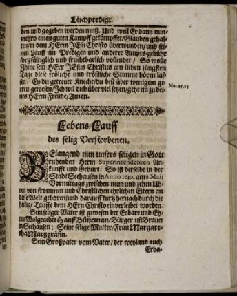 Lebens-Lauff des selig Verstorbenen.