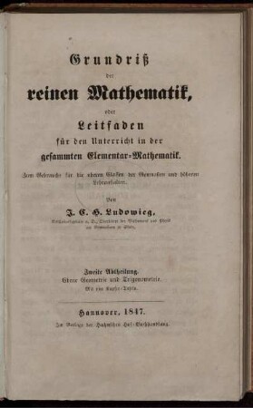 Abth. 2: Grundriß der reinen Mathematik. Zweite Abtheilung