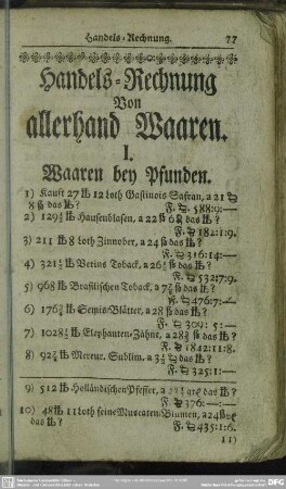 Handels-Rechnung Von allerhand Waaren