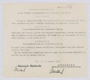 "Bekanntmachung an die Arbeiter und Angestellten der Rheinischen Stahlwerke!"