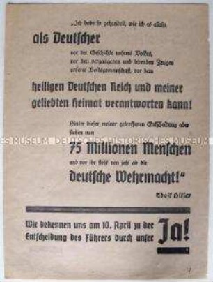 Propagandaflugblatt zur Volksabstimmung über den "Anschluss" Österrreichs mit einem Zitat von Hitler