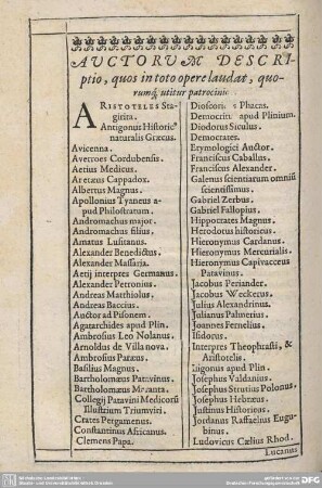 Auctorum Descriptio, quos in toto opere laudat, quorumque utitur patrocini.