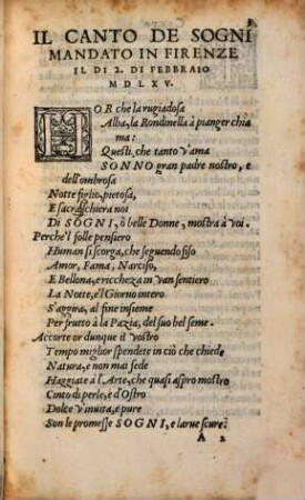 Descrizione Del Canto De Sogni : Mandato dall'Illustrißimo, & Eccellentissimo S. Principe di Fiorenza, & di Siena, Il secondo giorno di Febbraio 1565 in Fiorenza