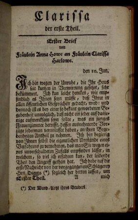 Erster Brief von Fräulein Anna Howe an Fräulein Clarissa Harlowe. - Der fünffte Brief von Fräulein Clarissa Harlowe an Fräulein Howe.