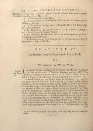 Chapitre VIII. Des Intérets Droits & Prétensions du Roi de Prusse.
