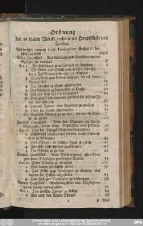 Ordnung der in diesem Wercke enthaltenen Hauptstücke und Articul.