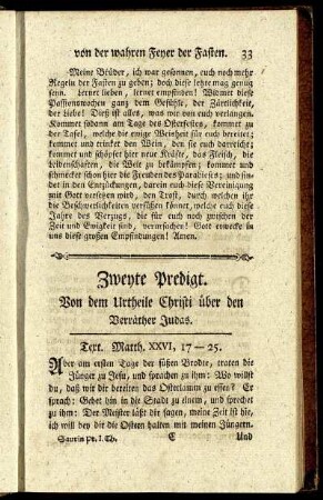 Zweyte Predigt. Von dem Urtheile Christi über den Verräther Judas.