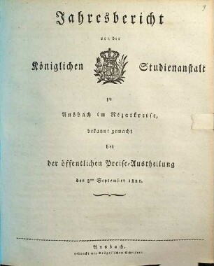 Jahres-Bericht ueber die Königliche Studienanstalt zu Ansbach : für das Schuljahr .... 1820/21