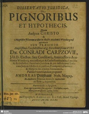 Dissertatio iuridica de pignoribus et hypothecis