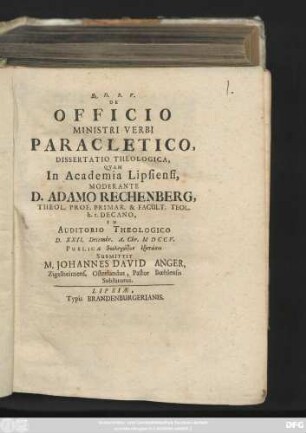De Officio Ministri Verbi Paracletico : Dissertatio Theologica