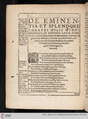 De eminentia et splendore theatri hvivs mvndi, qvodqve in omnibvs locis homines sint; atque à deo alantur & sustententur, Carmen, in gratiam doctissimi viri, Dn. M. Ioannis Helderi, celebris Gymnasij Gothani Rectoris, seriptum à VVendelino Helbachio Molyberggense Thuringo, P.L. Anno SS.