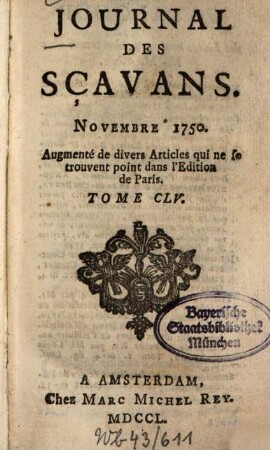 Journal des sçavans. 1750, [6]. Nov. - Déc. = T. 155