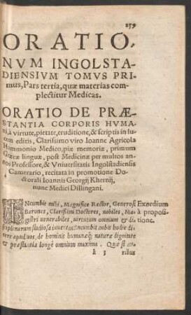 Oratio De Praestantia Corporis Humani ...