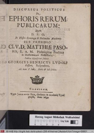Discursus Politicus De Ephoris Rerum-Publicarum