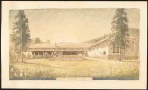 Landhaus, Nyon (Haus Schwebes, zahlreiche Varianten): Perspektivische Ansicht (Gartenseite, Variante mit Satteldach)