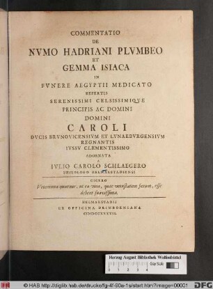 Commentatio De Nvmo Hadriani Plvmbeo Et Gemma Isiaca In Fvnere Aegyptii Medicato Repertis ...