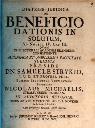 Diatribe Iuridica De Beneficio Dationis In Solutum : Ad Novell. IV. Cap. III.