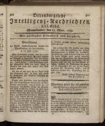 XXI. Stück. Sonnabends: den 23. May, 1789.