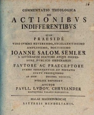 Commentatio theologica de actionibus indifferentibus
