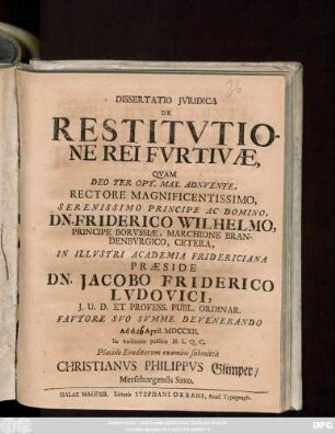 Dissertatio Jvridica De Restitvtione Rei Fvrtivæ