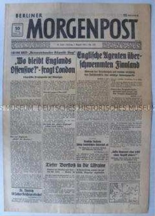 Tageszeitung "Berliner Morgenpost" mit Meldungen von verschiedenen Kriegsschauplätzen