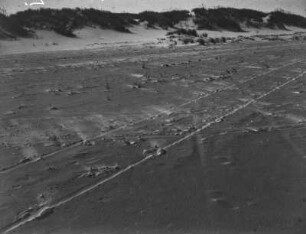 Düne : Blick über den Strand mit Reifenspuren auf Dünen.