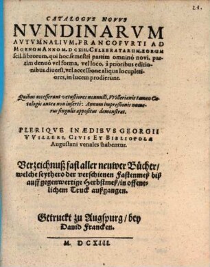 Catalogus novus nundinarum autumnalium, Francofurti ad Moenam Anno M.D.CXIII. celebratarum ...