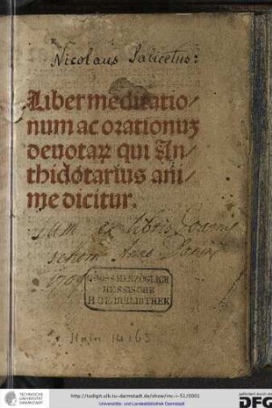 Liber meditationum ac orationum devotarum qui Anthidotarius anime dicitur.
