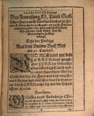Actvs Investitvrae Ivtrebocensis : Das ist: AUff eines Hoch- vnd Ehrwirdigen Domcapitels der Primat Ertzbischofflichen Kirchen zu Magdeburgk gnedige verordnung ... Verrichtete Anweisung M. Pavli Galli Ratisbonensis, Newberuffenen Obersten Pfarrers der Kirchen S. Nicolai zu Jüterbock, ...