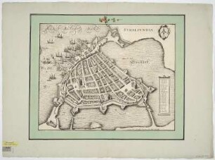 Vogelschauplan von Stralsund, 1:3 300, Radierung, um 1682 : Stralsundia = Stralsund. - [Ca. 1:3 300]. - [Amsterdam] , [um 1682]. - 1 Vogelschauplan : Radierung ; 50 x 39 cm Maßstab in graph. Form (ohne Angabe d. Maßeinheiten). - Titel oben rechts. - Ohne Kt.-Netz. - Mit Gebäudeverzeichnis. - Mit 1 Wappen
