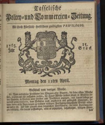 15. Stueck, Montag den 11ten April 1763